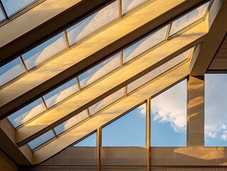 Obraz premium A large skylight with golden metal beams, letting in natural sunlight while maintaining an elegant atmosphere