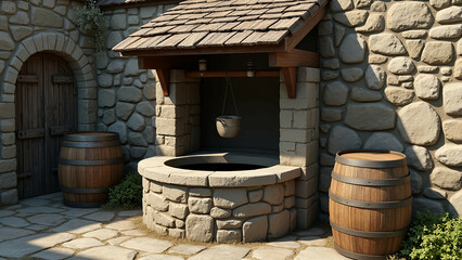 rustic stone well with wooden bucket and barrels - vintage