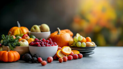 Abundant Autumn Harvest Arrangement of Fruits and Pumpkins on Tabletop Display