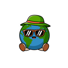 Fototapeta premium Cute Earth Globe Cartoon with Sunglasses and Hat Vector Illustration