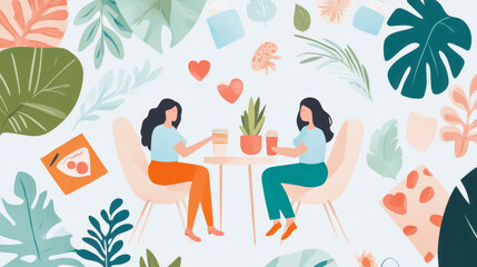 Friendship: Women catching up over coffee surrounded by tropical leaves design for social media
