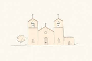 Fototapeta premium Simple Beige Church Illustration Minimalist Architecture Drawing