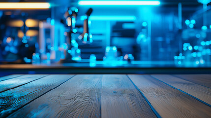 Obraz premium Wooden Tabletop Blue Neon Lights Blurred Bar Background