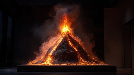 Fiery volcano model in dark indoor setting