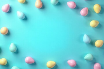 Pastel-colored eggs arranged on a light blue background create a festive spring border