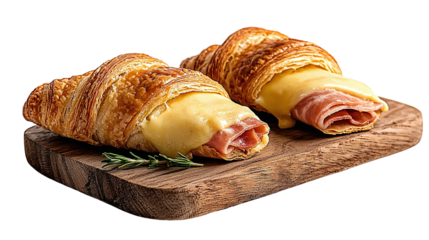 Freshly baked croissant with golden brown crust served on a rustic wooden table ready for a delicious breakfast