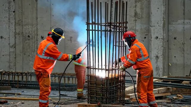 Skilled workers welding reinforcement bars at a construction site.