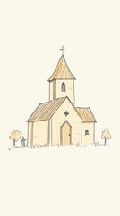 Naklejka premium Simple Beige Church Illustration Minimalist Countryside Drawing