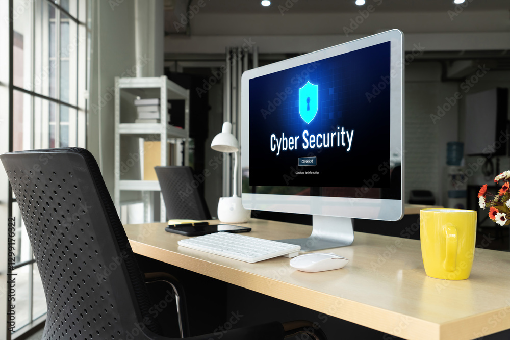 Poster cyber security system on computer screen protect private information snugly from hacker and cyber at