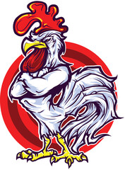 Art and stylized illustration of muscular cartoon rooster standing on one leg with wings crossed over its chest.