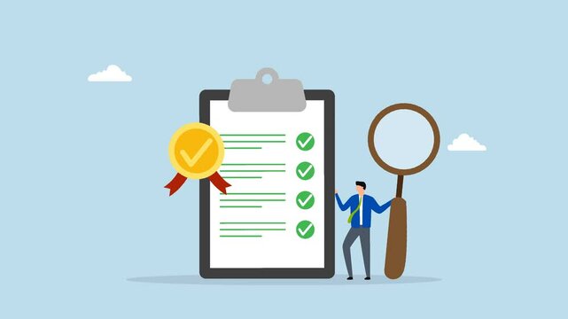 Standard, 4k animation of businessman holds magnifying glass alongside standard QC badge document. 