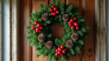 winter wreath berries rustic wood door festive