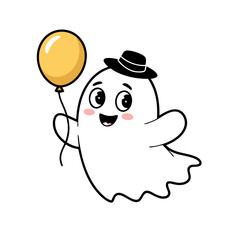Cute Cartoon Ghost with Balloon wearing Hat Fun and Playful Halloween Character