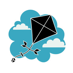 Kite Flying in Blue Sky with Clouds Minimalist Vector Illustration