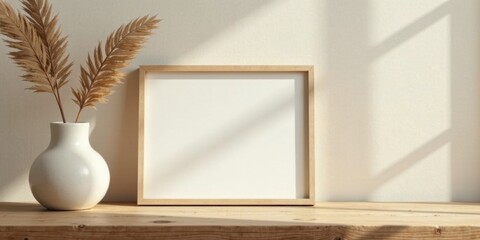 Serene Minimalist Home Decor Featuring a Blank Frame and Dried Floral Arrangement on a Wooden Surface Bathed in Sunlight