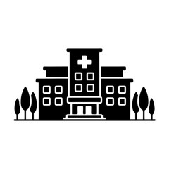 Hospital Building Silhouette Vector Illustration with Trees and Cross Symbol