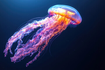 Jellyfish gracefully gliding through dark ocean waters displaying vibrant colors and elegant tentacles