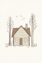 Simple Beige Cottage Illustration With Trees and Landscape Design Elements Illustration Drawing Sketch Simple Rustic Nature Peaceful Serene Tranquil Countryside Woodland Beige Brown Neutral Muted