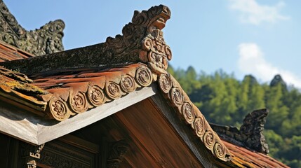 Ornate terracotta roof detail, Asian temple, mountains in background