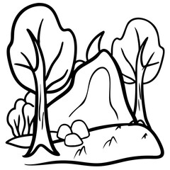 Simple Nature Landscape Vector Illustration with Trees and Rocks