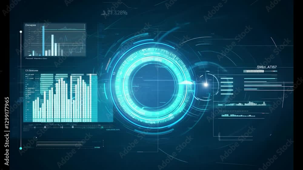 Poster glowing futuristic loading circle spins and animates against a dark background, visually processing 