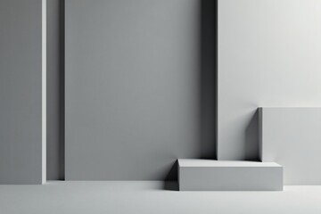 Abstract Minimalist Grey Room Interior Design with Simple Geometric Forms and Empty Display Platforms