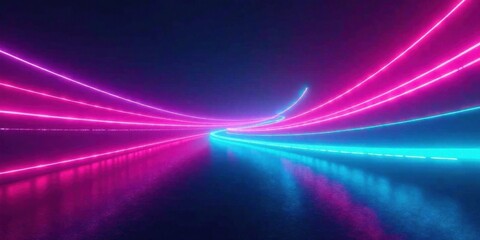 Abstract Neon Light Tunnel Vibrant Pink and Blue Glowing Lines Reflecting on a Dark, Wet Surface