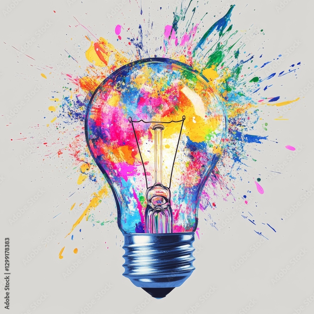 Poster Colorful Idea: Lightbulb Bursting with Creativity and Imagination Unleashing a Spectrum of Colorful Paint