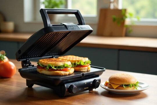 Delicious grilled sandwiches prepared on a modern electric contact grill, ready to serve alongside a freshly made burger
