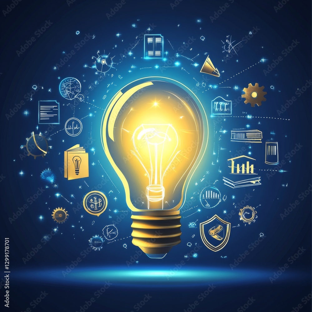 Poster illuminating ideas: a glowing light bulb surrounded by concepts and knowledge on a dark blue backgro
