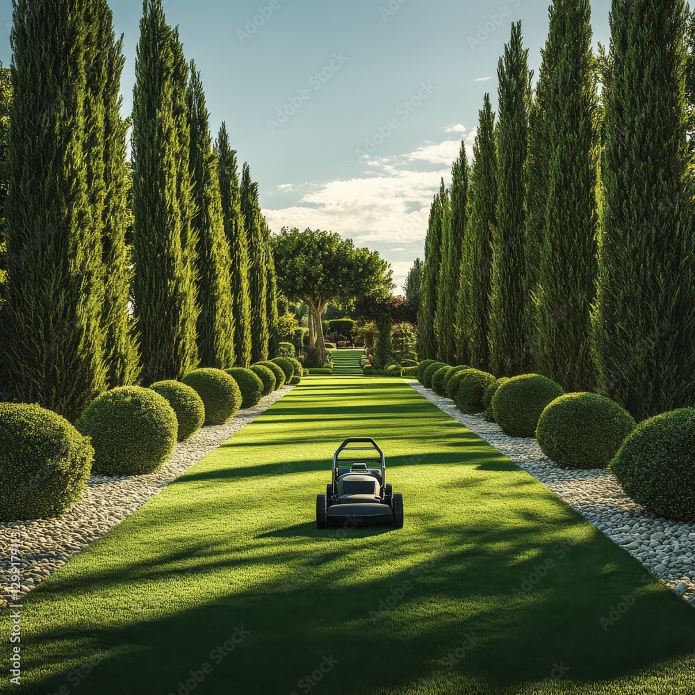 Poster lawnmower poised on a perfectly manicured lawn lined with symmetrical trees and rounded shrubs, bath