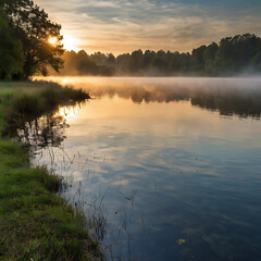 Fototapeta premium A tranquil lakeside landscape at sunrise, with mist over the water and vibrant reflections of the sky.