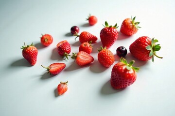 A delightful scattering of fresh, ripe strawberries and a couple of dark berries, artistically arranged on a smooth, light surface