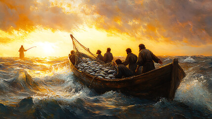 A vivid portrayal of the miraculous catch—disciples in a rustic fishing boat pulling in a net teeming with fish, waves crashing around them, Jesus standing on the shore with outstretched hands,