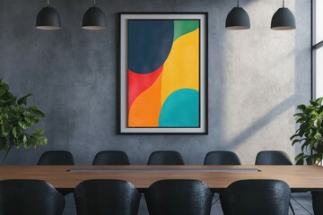 A creative design agency with artistic decor, displaying a colorful branding poster mockup framed above the conference table.