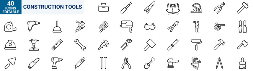 Set of 40 outline icons related to construction tools. Linear icon collection. Editable stroke. Vector illustration