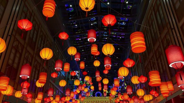 4k footage Chinese paper lanterns with blessing text mean happy during Chinese new year festival