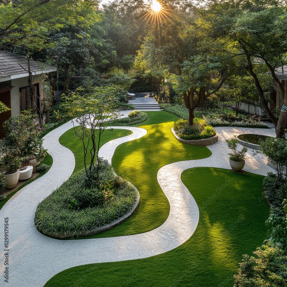 Poster serene garden at sunset: a winding path through lush greenery and trees leading to a tranquil outdoo