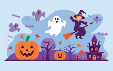 Witch flies over haunted landscape