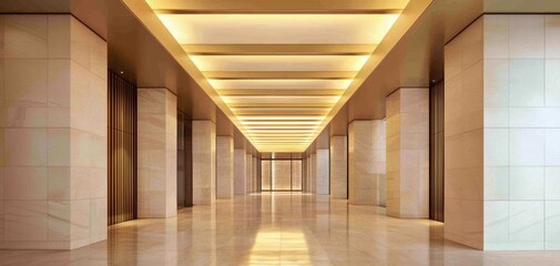 Fototapeta premium A coffered ceiling with recessed golden lighting, enhancing the warmth of a natural stone interior