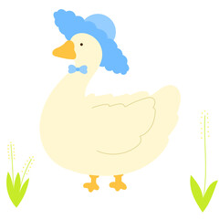 cute cartoon goose wearing a little hat, friendly countryside bird flat vector illustration
