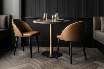 A handcrafted wooden dining table with golden leg accents, surrounded by plush earth-toned seating