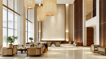 A high-ceilinged lounge with golden woven chandeliers, blending effortlessly with handcrafted wooden furniture