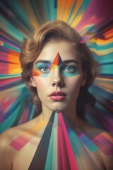 Obraz premium Portrait of woman with colorful star makeup on face with bright colors and surreal style
