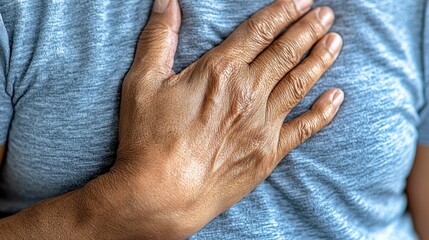 Fototapeta premium Health struggle portrayed through a hand gripping the chest in a hospital environment