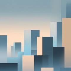 Fototapeta premium This is an abstract cityscape illustration. It consists of various rectangular shapes in different shades of blue and beige, set against a gradient sky like background.
