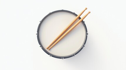 Fototapeta premium A drum with wooden drumsticks, a simple and clean white background, a 3D rendering effect