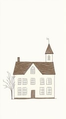 Simple Drawing Of A Two Story House With Tower In Rural Setting Illustration In Line Art Style With Brown Beige White Color Palette Exterior View With Windows And Door Sketch Drawing Building