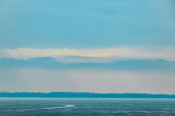 Obraz premium A frozen marshland with patches of dry grass and shrubs protruding through the icy surface. The distant shoreline fades into the cold, overcast sky, creating a serene winter scene.