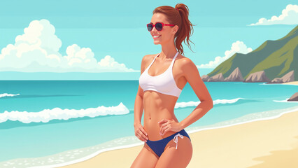Athlete posing happily for a photo shoot wearing a sporty swimsuit and sunglasses on the beach.